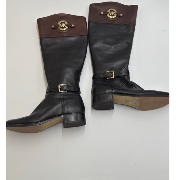 Michael Kors · 7M · Tall Riding Boots · Genuine Leather · Black/Brown · Gold MK - Picture 7 of 13